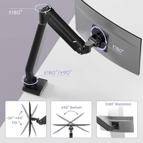 Heavy Duty Monitor Arm for Ultrawide Screens up to 49 inch and 39.6lbs, Premium Aluminum Single Desk Mount Stand with Gas Spring, VESA 75x75/100x100