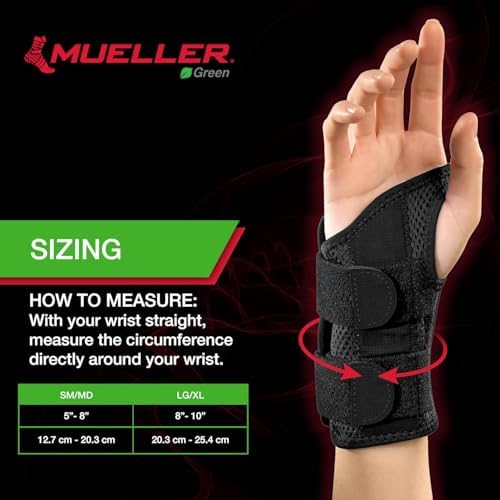 MUELLER Sports Medicine Green Fitted Wrist Brace for Men and Women,Wrist Pain Relief Support,Ideal for Carpal Tunnel,Tendonitis,Arthritis,Right Hand,Black,Small/Medium,(Pack of 2)