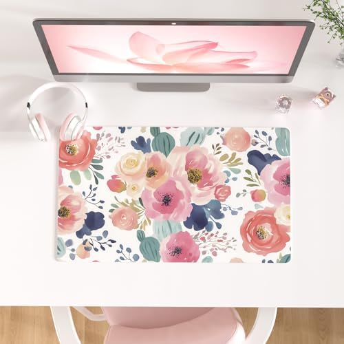 Faux Leather Large Mouse Pad, Office Desk Mat, 23.6"x13.8", Pink Floral