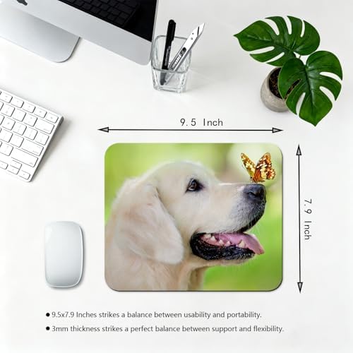 9.5x7.9 Inch Office/Gaming Mouse Pad, Lovely Golden Retriever Dog with Butterfly, Cute Anti-Slip Mat for Desk Decor