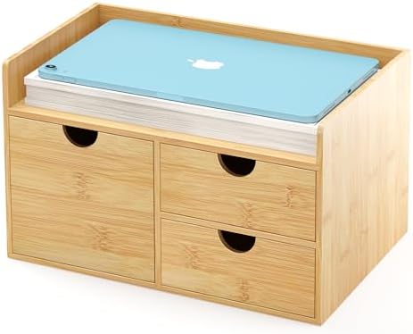 Wisuce Bamboo Desk Drawer Organizer, 3 Drawer Desktop Organizer with Drawers Tabletop Storage Organization Box for Office Home Toiletries Supplies Vanity, No Assembly Required