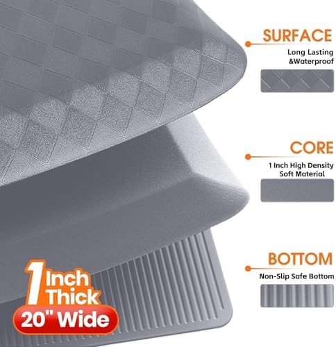 1" Thick Kitchen Mats for Floor, Water Resistant Floor Rug,Grey/72" x 20"
