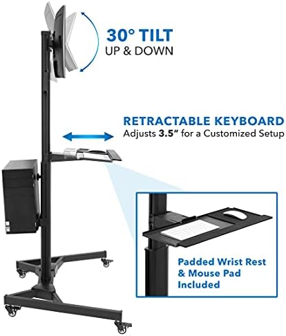 Mount-It! Dual Monitor Computer Cart – Mobile Standing Desk with Wheels, Rolling Workstation with Keyboard Tray, CPU Holder, and Adjustable Screen Mount for Office, Medical, or Warehouse
