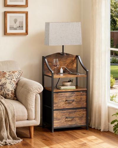 Evermagin 45" Tall Nightstand with Charging Station & Light, Rustic Brown