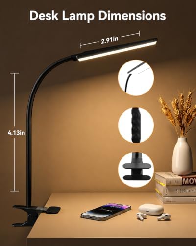 Eye-Caring Adjustable LED Reading Clamp Desk Lamp with 48 LEDs Flexible Neck, 3 Color Modes & 11 Brightness Levels for Office Bedroom Study (Black)