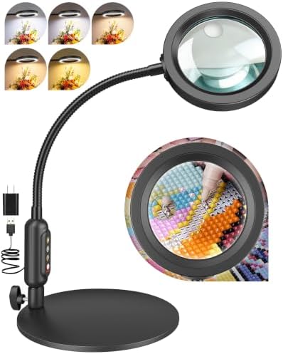 30X 10X Magnifying Glass with Light and Stand, 5 Color Modes Stepless Dimmable, Optical Grade HD Lens, LED Lighted Magnifier Hands Free with 20.5in Flexible Gooseneck for Close Work - Black