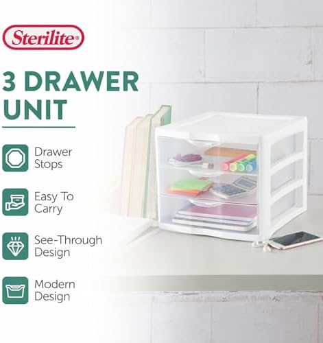 Sterilite Clearview Plastic Multipurpose Small 3 Drawer Desktop Storage Organization Unit for Home, Classrooms, or Office Spaces, White, (Pack of 6)