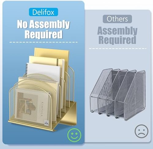 Delifox Inclined Desk File Organizer,Vertical File Folder Holder Stand Metal Rack File Sorter for Office Classroom Desktop Organization (1, Gold, 5)
