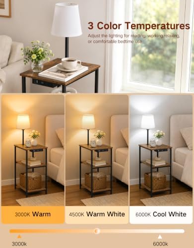 Side Table with Light & Charging Station, 3-Tier Narrow End Table