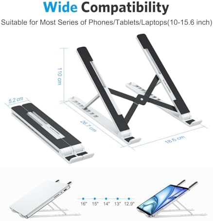 OMOTON Laptop Stand, Laptop Stand for Desk Ergonomic 7-Levels Angles Adjustable Computer Stand, Portable ABS Laptop Riser Holder Compatible with All Laptops and iPad（10-15.6", White