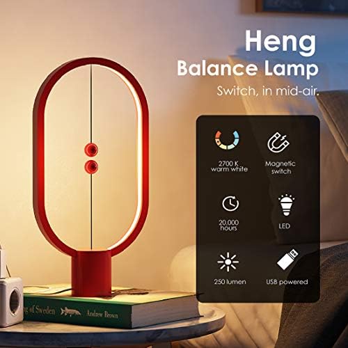 Allocacoc Heng Balance lamp, DesignNest, Switch on in mid-air, USB Powered LED Table lamp, Warm Eye-Care Designer Desk lamp, Contemporary Soft Light, Office, Home, Dorm, Bedside (Red)