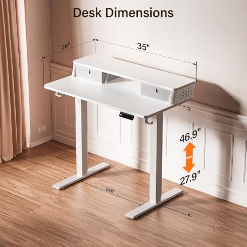 Kingant 35x20 Inch Electric Standing Desk with Dual Drawers, White