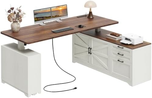 PRAISUN 63'' Farmhouse L Shaped Standing Desk with Outlets and Drawers