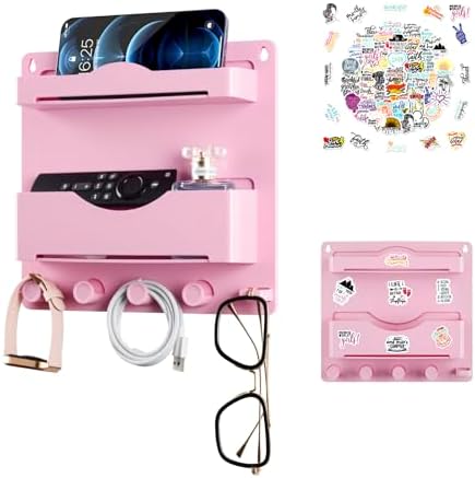Pink Bedside Shelf Organizer - Wall Mount Phone Holder with Glasses Hook & 50 Motivational Stickers for Girls Bedroom Dorm Decor