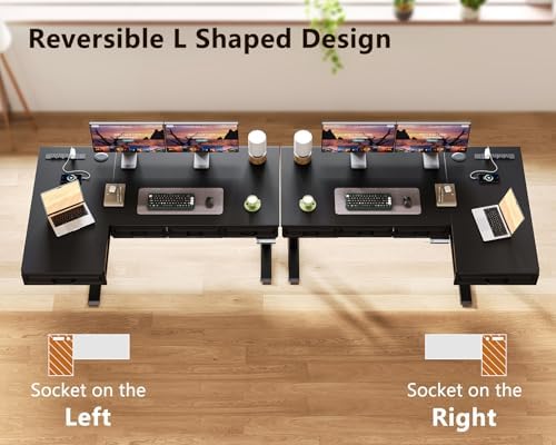 OffiGo 55 Inch L Shaped Standing Desk with 4 Wooden Drawers, Black
