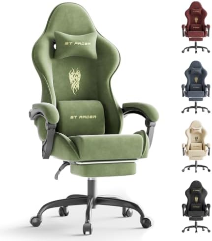 Ferghana Ergonomic Velvet Fabric Gaming Chair with Embroidery Fire, Massage Lumbar Support & Retractable Footrest, Reclining Racing Computer Office Desk Chair for Adults, Green