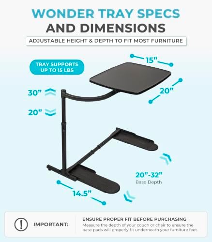 Stander Wonder Tray, Adjustable Swivel Table, Large Laptop Stand, Couch Desk, Side Tables & Gaming Bench, TV-Trays for Eating on Couches, Chairs, Recliners, Black