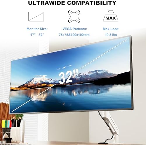 THEARK Single Monitor Desk Mount 17"-32" Screens - Adjustable Mechanical Monitor Arm Computer Monitor Stand up to 19.8 lbs,VESA Arm Desk Mount with C-Clamp and Grommet Base,VESA 75x75/100x100mm,White