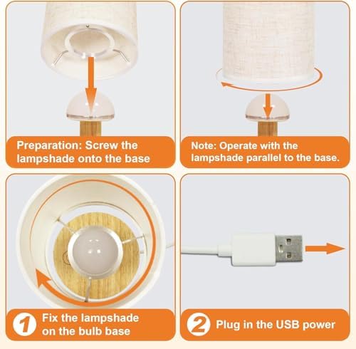 Touch Bedside Table Lamps Set of 2 with Stepless Dimming, USB Powered
