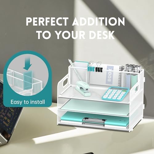 3-Tier Desk Organizer with Pen Holder and Handles, Paper Organizer, White