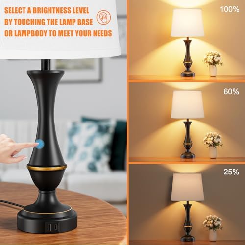 Touch Lamps for Nightstand, 3 Way Dimmable Lamps for Bedroom with USB C+A