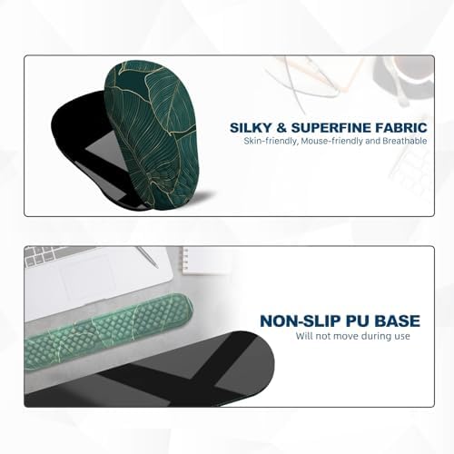 Ergonomic Mouse Pad and Keyboard Wrist Rest with Massage Design, Space-Saving Mouse Pad Wrist Support, Memory Foam Wrist Rest with Non-Slip PU Base for Computer Desk, Green Leaves