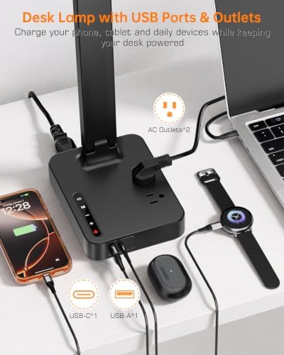 LED Desk Lamp with USB Charging Port for Dorm Office, 800lm, CRI 92, Black