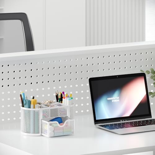 EasyPAG Mesh Pen Holder Desk Organizer with Drawer Stationery Supplies Organizer for Dorm School 9 Compartments Workspace Desk Accessories Organization for Office, White