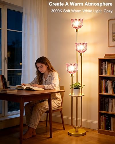 Lightdot Flower Glass Floor Lamp with Shelf Red Floral Gold Floor Lamps