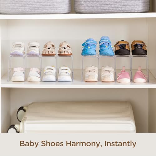 HBlife Clear Acrylic Kids Shoe Rack for Closet Organizers and Storage, Small Shoe Rack 4 Sections Toddler Baby Shoe Storage Organizer Stackable Shoe Shelf,Desk File Sorter Book Purse Organizer(4 Pack)