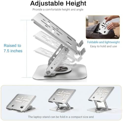 360°Rotating Laptop Stand, Ergonomic Adjustable Foldable Notebook Riser, Metal Computer Holder Compatible with 10-17.3" Laptops, Desktop Printer Stand, for Home & Office (Sliver)