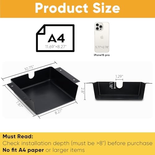 2 Pack Under Desk Hanging Shelf Drawer Organizer, Attachable Plastic Hidden Storage Tray, Easy Adhesive Mount Holder for Standing Tables, Office, Counters, Cabinets, Workstations - Black