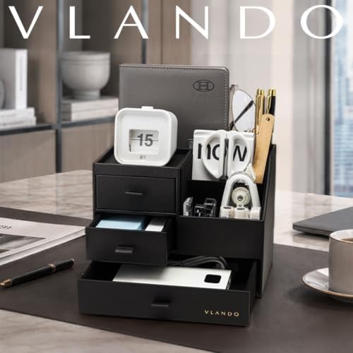 VLANDO Desk Organizer,PU Leather Office Storage with Compartments,Black