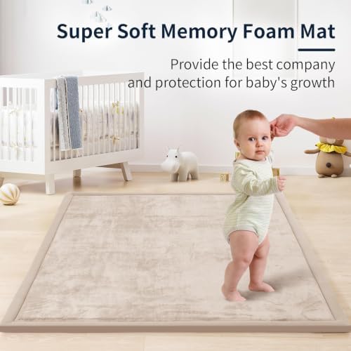 ACOMOPACK 1.3" Thick Baby Play Mat for Floor,50x50 Elasti-Foam Playpen Mat for Kids,Infants,Toddlers, Ultra Soft Crawling Mat with Non-Slip Bottom,Tummy Time,Nursery Rug,Yoga,Tatami（Beige）