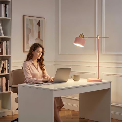 OYEARS 22.2" Modern Desk Lamp, Metal Table Lamp with LED Bulb, Adjustable Reading Lamps for Living Room, Mid Century Task Lamp for Home Office, Industrial Bedside Lamps with Solid Base, Pink