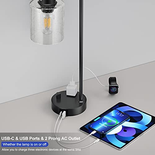 Industrial Desk Lamp, Fully Dimmable Small Bedside Table Lamp, Black, USB C
