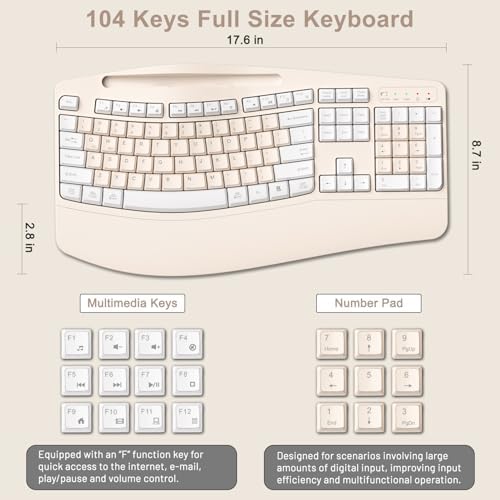Wireless Keyboard and Mouse Combo, 2.4G Ergonomic Wave Keys(Milk Tea-A)