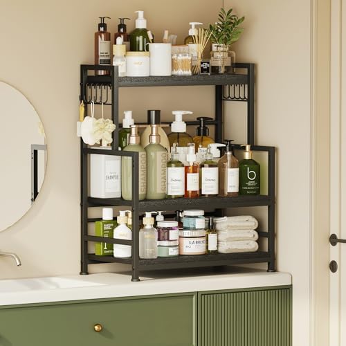 23.6"W Large Kitchen Countertop Organizer, 3 Tier Spice Rack Organizer with Adjustable Shelf and 10 Hooks, Wooden Counter Organizer, Countertop Shelf Microwave Stand for Kitchen, Coffee Bar, Black