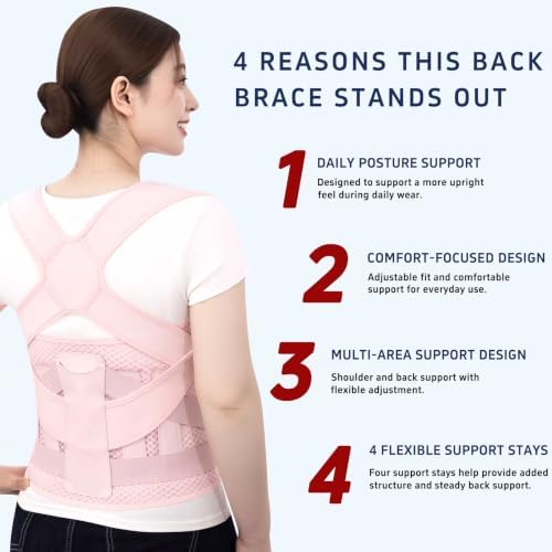Posture Corrector for Women and Men, Adjustable Back Brace with Shoulder Support and Lumbar Support Belt, Full Back Support Posture Trainer for Spine Alignment, Upper Back, Neck, Shoulder, Lower Back Support, Slouching and Hunchback (Pink, Medium)