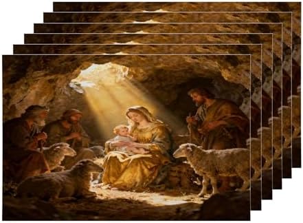 Shrahala Beige Christmas Christ Set of 6 12 X 18 Inch Linen Placemats, Blue Christian Christian Burlap Table Mat Washable Double Layered Heat Insulation for Indoor/Outdoor