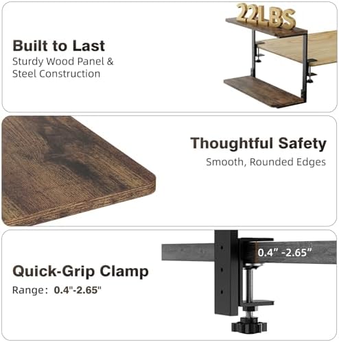 2-Tier Desk Extender, 22-inch Clamp-On Desk Shelf, Height-Adjustable Desktop Shelf Organizer for Monitors Office and Gaming Accessories, Arm Support Table Extension, Dark Brown