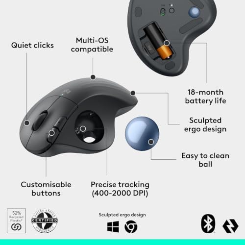 Logitech Ergo M575S Wireless Trackball Mouse, Wireless Ergonomic Mouse with Bluetooth and Encrypted Dongle, Comfortable Thumb Control for PC/Mac - Graphite Blue Ball (RENEWED)