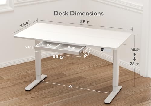 Claiks Electric Standing Desk with Drawers, 55x24 Inch White