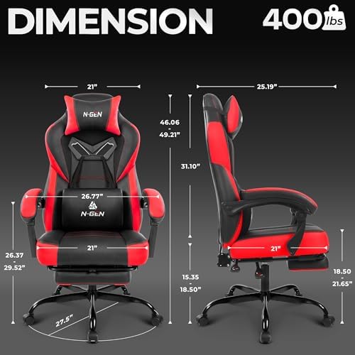 N-GEN GAMING Big & Tall Gaming Chair with Footrest, Lumbar Support, Red