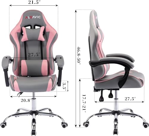 Gaming Chair with Massager, Fabric Gaming Chairs for Adults, Ergonomic Gamer Chair with Adjustable Headrest and Lumbar Support, Reclining Computer Game Chair, High Back, Frost Pink