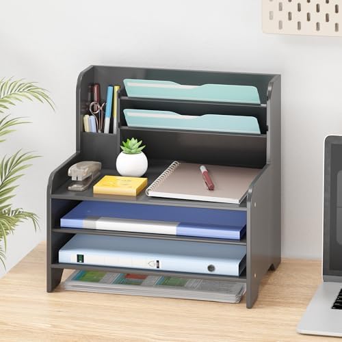 Bamboo File Organizer for Desk, Desktop Paper Tray and Mail Holder