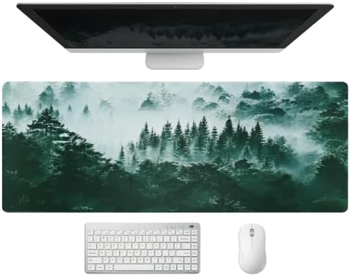 Extended Misty Forest Desk Mat, XL Large Gaming Mouse Pad, Tree Woodland Nature Stitched Edges Waterproof with Non-Slip Rubber Base for Computer Keyboard Laptop Work Home Office 31.5"x11.8"