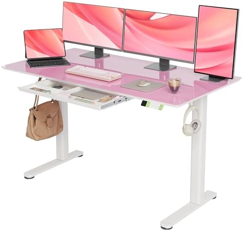 INNOVAR Glass Standing Desk with Drawers 55×24 Inch Morandi Powder