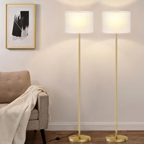 Ambimall 60'' Modern Floor Lamp Set of 2, 2PK Tall Lamps for Living Room Bedroom, Beige Shade with Gold Pole(Without Bulb)