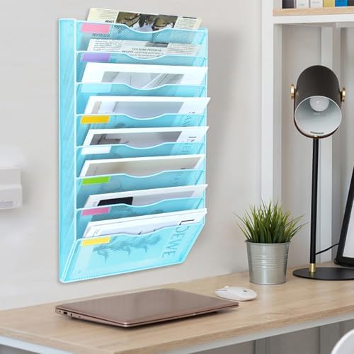 8 Pockets Mesh Wall File Holder Organizer Office Hanging File Folder Magazine Rack, Nametag Label Hooks Set Included (Blue)